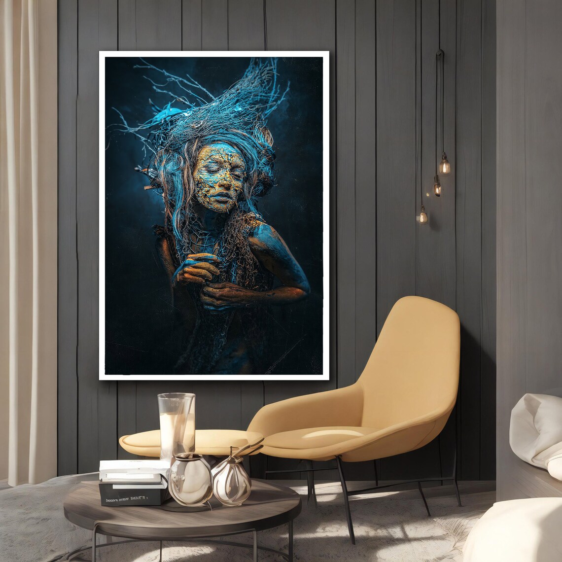 Surreal Blue Woman Wild Hair Golden Face Dreamlike Ethereal Wall Art Poster - Image 3