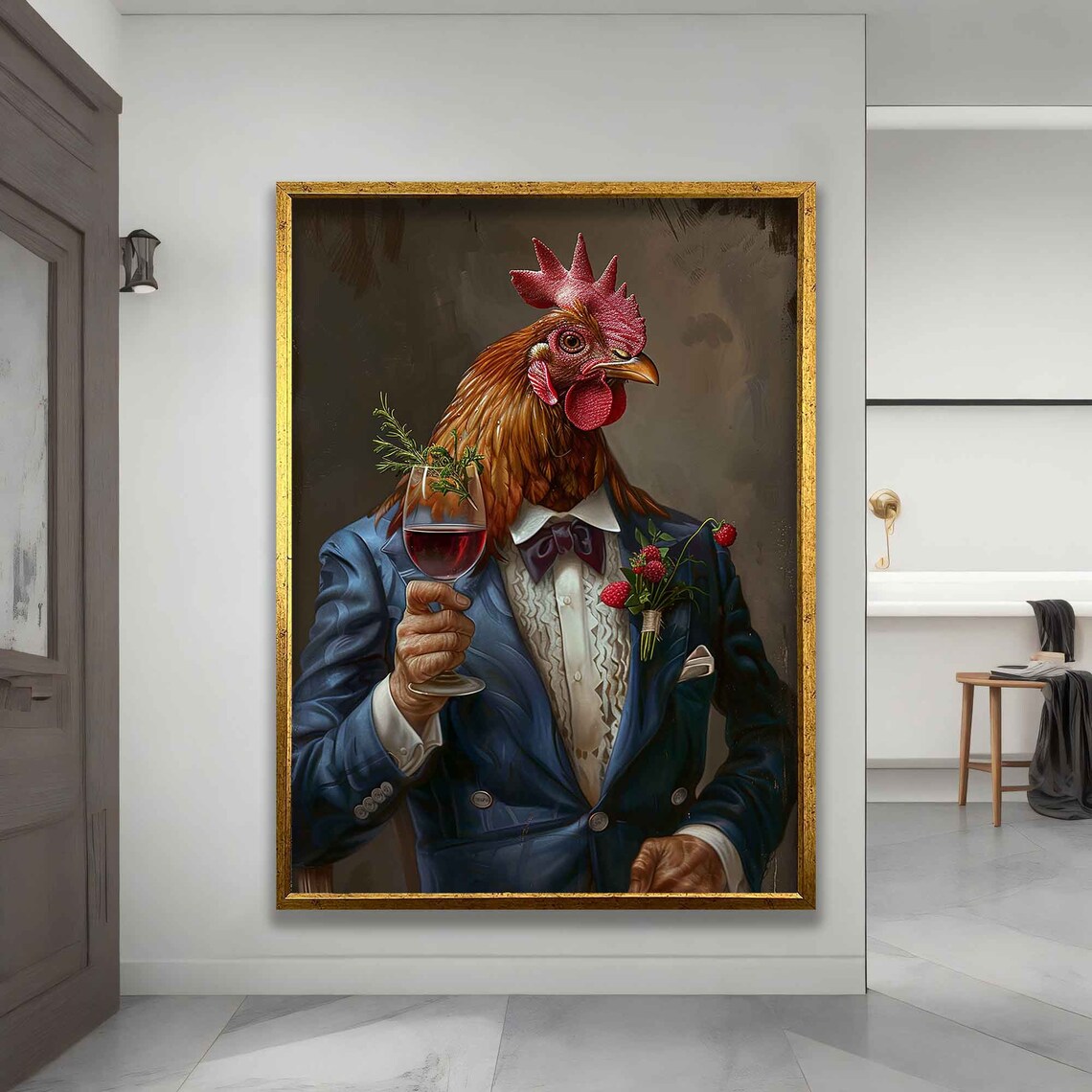 Anthropomorphic Chicken in Blue Suit, Wall Art Print