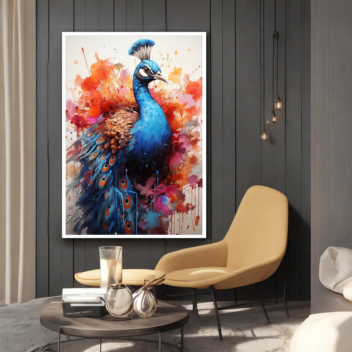 Blue Peacock Watercolor Fiery Orange Red Abstract Splash Poster - Image 2