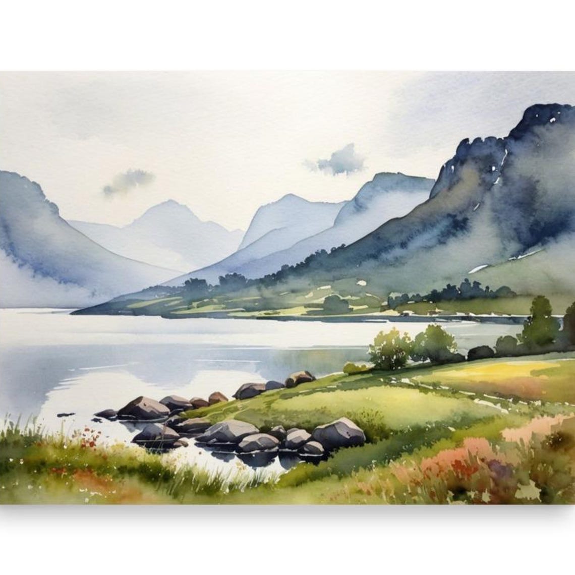 Tranquil Scottish Mountain Lake Watercolor Scenic Nature Poster