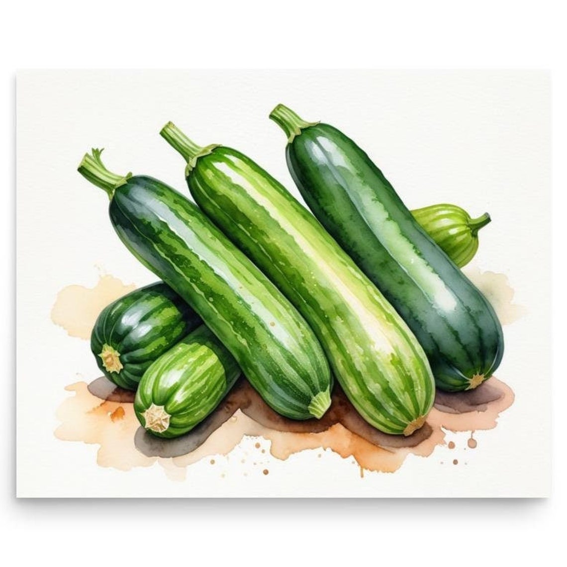 Green Zucchini Pile Watercolor Kitchen Vegetable Still Life Poster