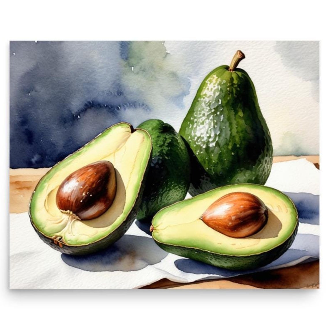 Avocado Halves And Whole Avocados Watercolor Kitchen Wall Poster