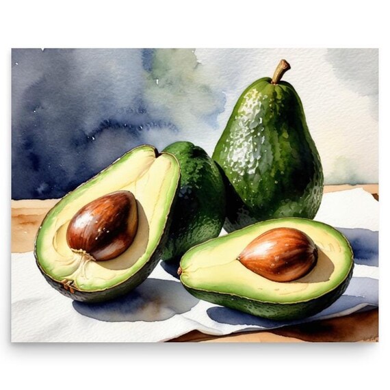 Avocado Painting Avocado Still Life Watercolor Art Print Fruit Wall Art Kitchen Still Life Farmhouse Wall Decor Green Brown Art