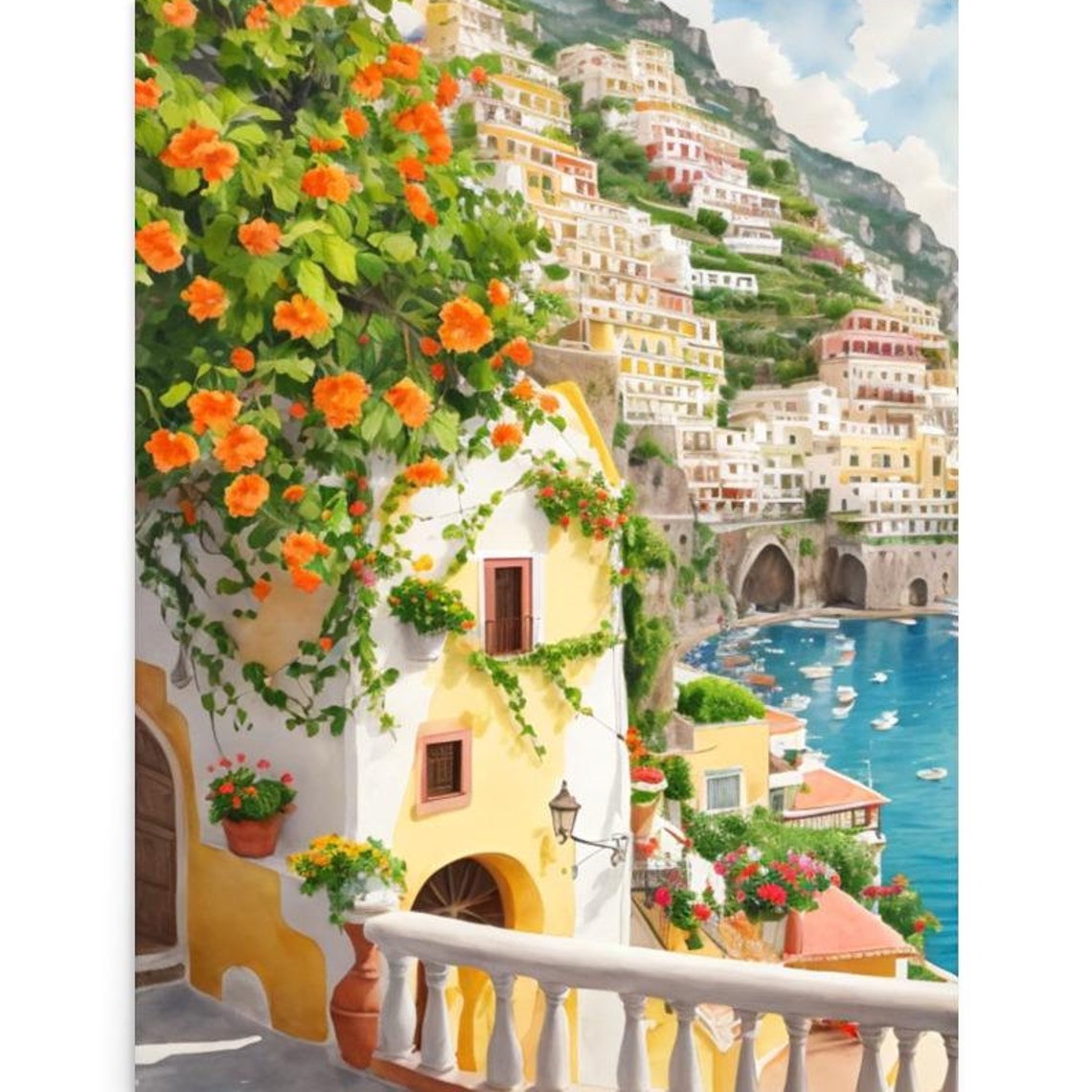 Positano Cityscape Painting Amalfi Coast Watercolor Art Print Flowers Bush Wall Art Italian Cityscape Print Italy Art Positano Travel Art