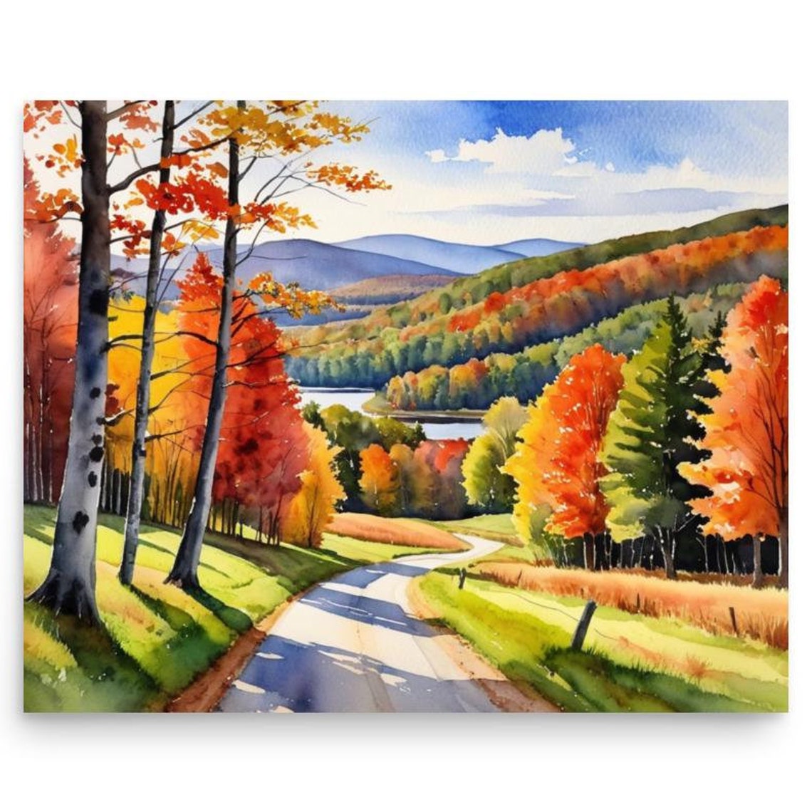 Country Road Winding Through A Fiery Autumn Forest Watercolor Poster