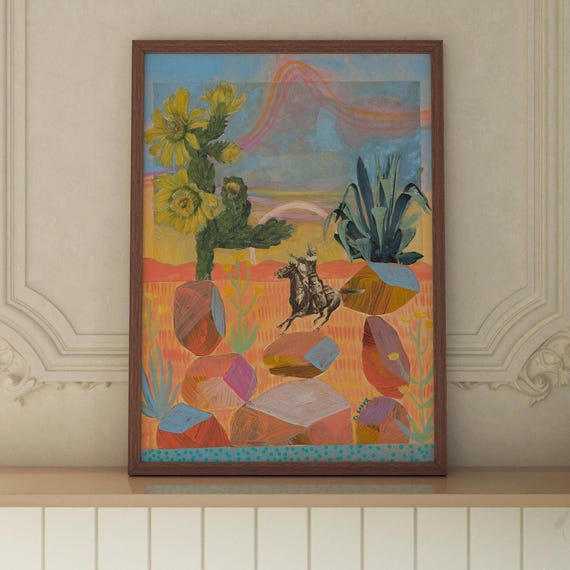 Southwestern Desert Landscape Poster, Cowboy Cactus Collage