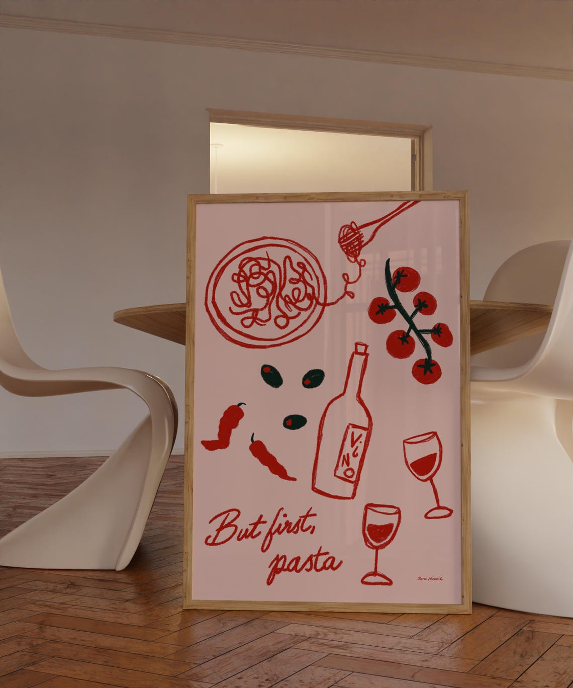 But First Pasta Cute Italian Food Illustration Doodles Pink Poster