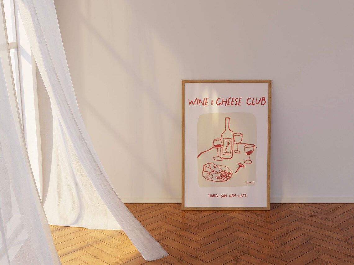Wine And Cheese Club Hand Drawn Red Line Art Wine Night Gathering Poster - Image 3
