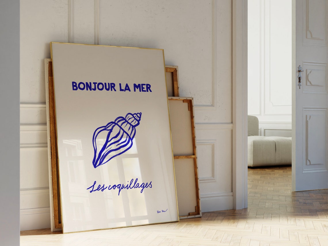 Bonjour La Mer French Blue Seashell Coastal Line Art Decor Poster - Image 4