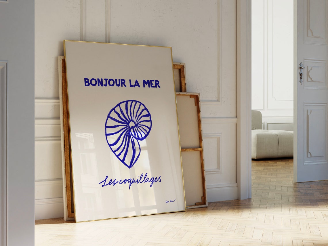 Bonjour La Mer Blue Nautilus Shell French Coastal Decor Poster - Image 4