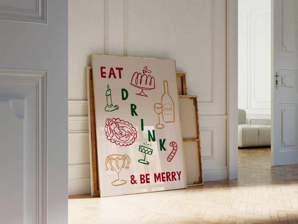 Eat Drink and Be Merry Festive Food Doodle Christmas Art Poster - Image 3