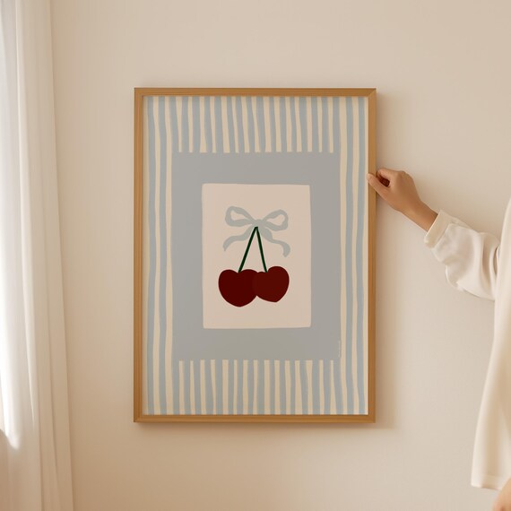Cherry With Bow Wall Art Coquette Bow Print Coquette Girly Wall Art Trendy Dorm Decor Blue Preppy Poster Ma Cherie Bedroom Print
