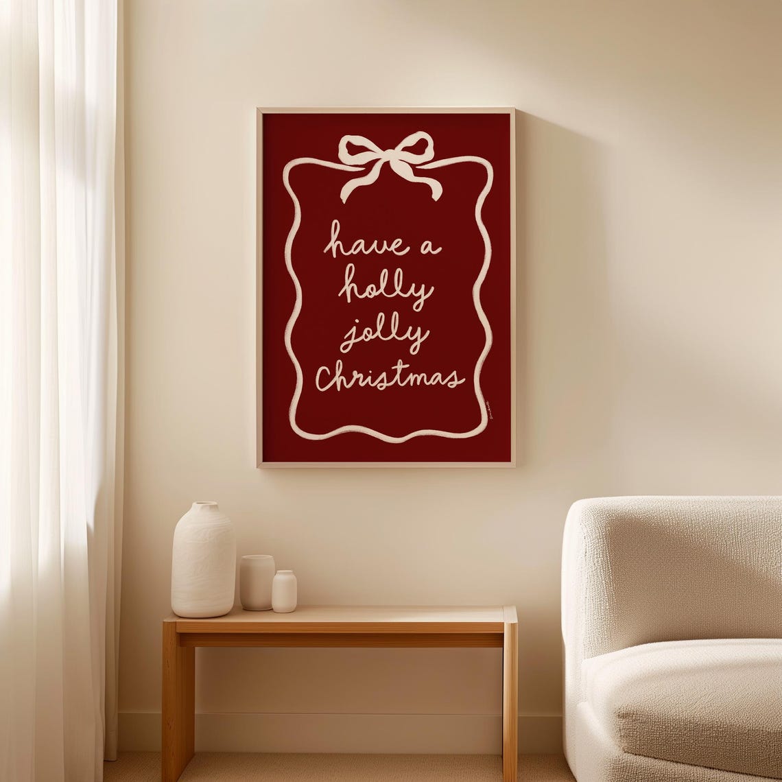 Holly Jolly Christmas Hand Lettered Cream Bow Red Quote Poster - Image 4
