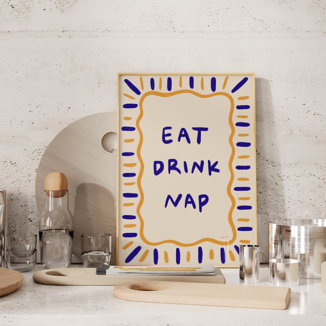 Eat Drink Nap Blue Gold Sunburst Kitchen Typography Wall Art - Image 3
