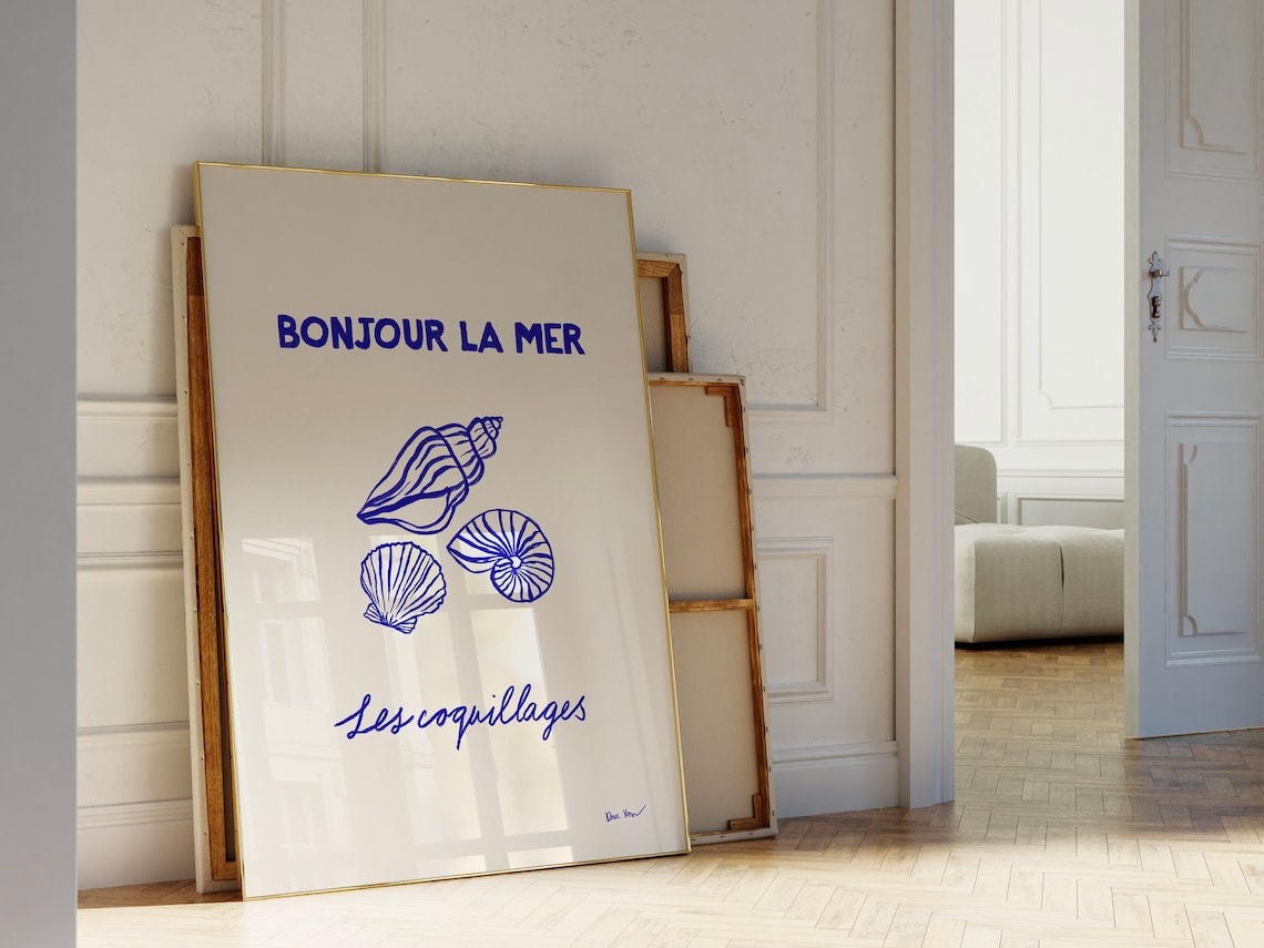 Bonjour La Mer Blue Seashell Line Art French Coastal Chic Poster