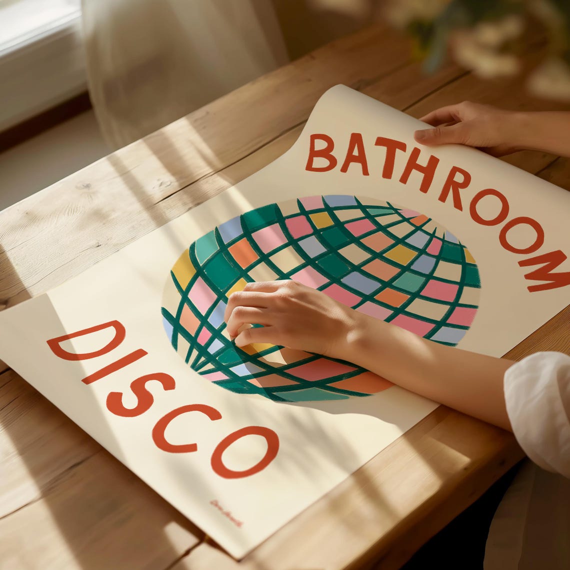 Bathroom Disco Colorful Checkered Disco Ball Fun Retro Wall Poster - Image 3