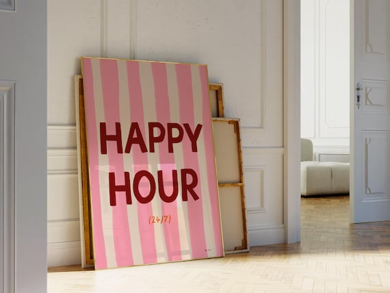 Happy Hour 24/7 Bold Pink Stripes Retro Bar Cart Party Decor Poster