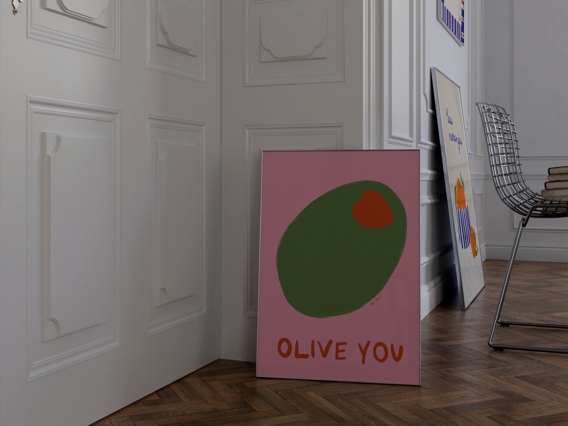Olive You Fun Food Pun Giant Green Olive Heart Pink Pop Poster - Image 2