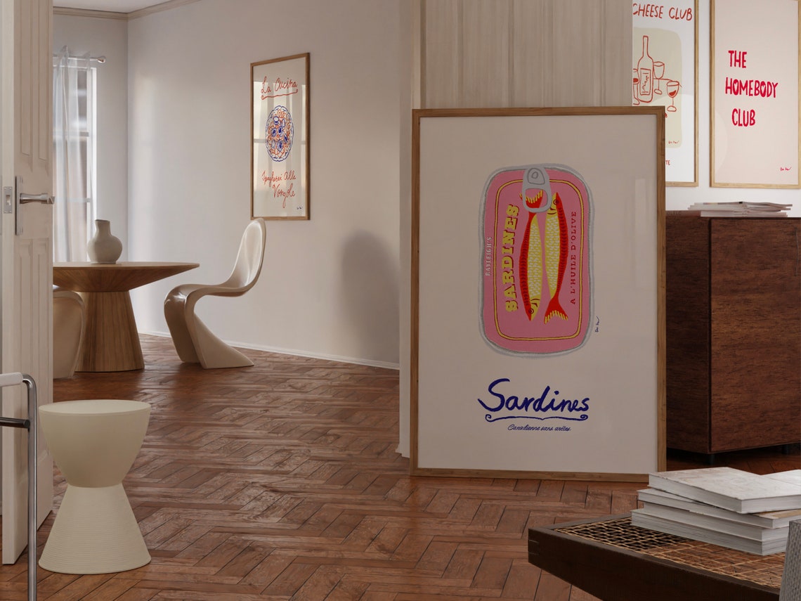 Vintage Pink Sardine Can Olive Oil Kitchen Illustration Poster - Image 2