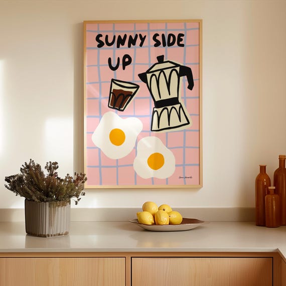 Sunny Side Up Wall Art Coffee And Eggs Print Breakfast Club Poster Retro Food Art Print Modern Kitchen Gallery Wall Fun Moka Pot Print