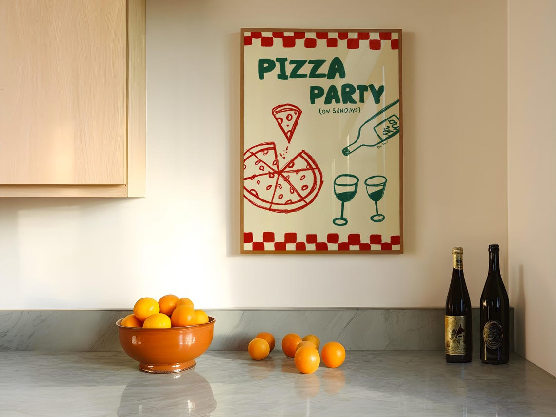 Pizza Party On Sundays Retro Kitchen Food Illustration Poster