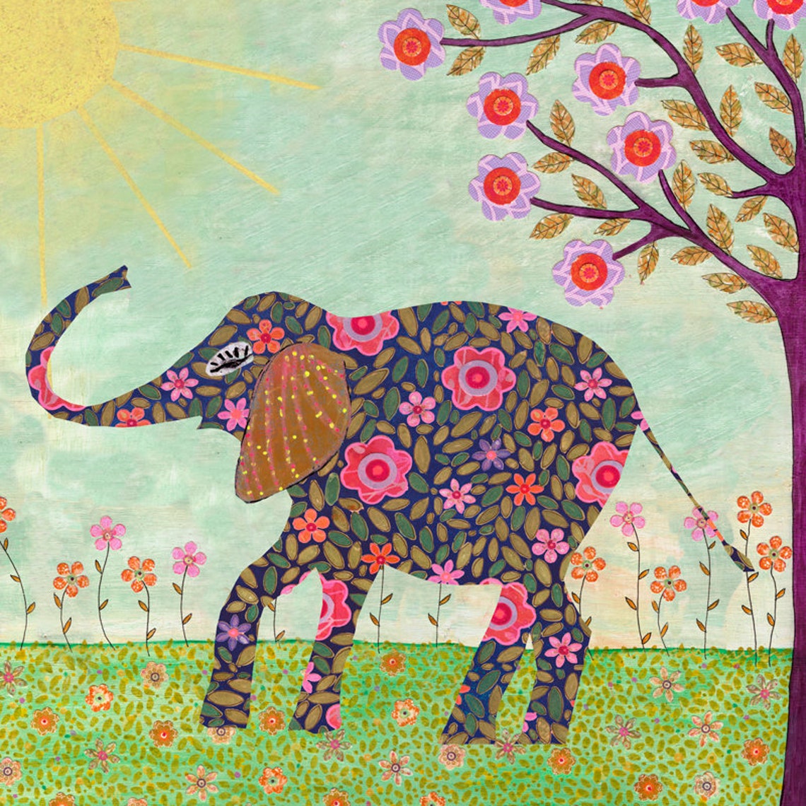 Happy Floral Collage Elephant Under Sunny Blossom Tree Art Poster