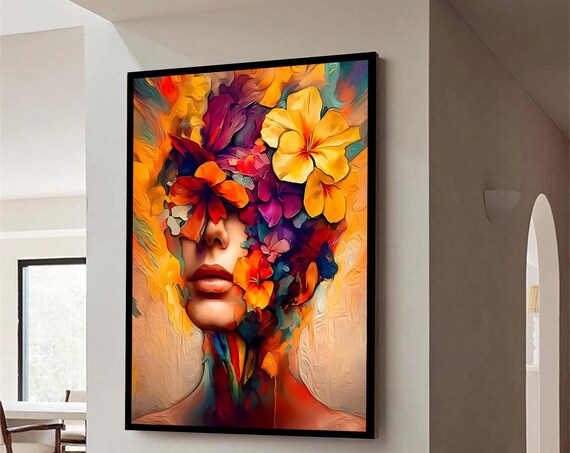 Vibrant Floral Fusion Woman Canvas Colorful Flower Face Abstract Art Bold Female Portrait Wall Decor Modern Boho Print