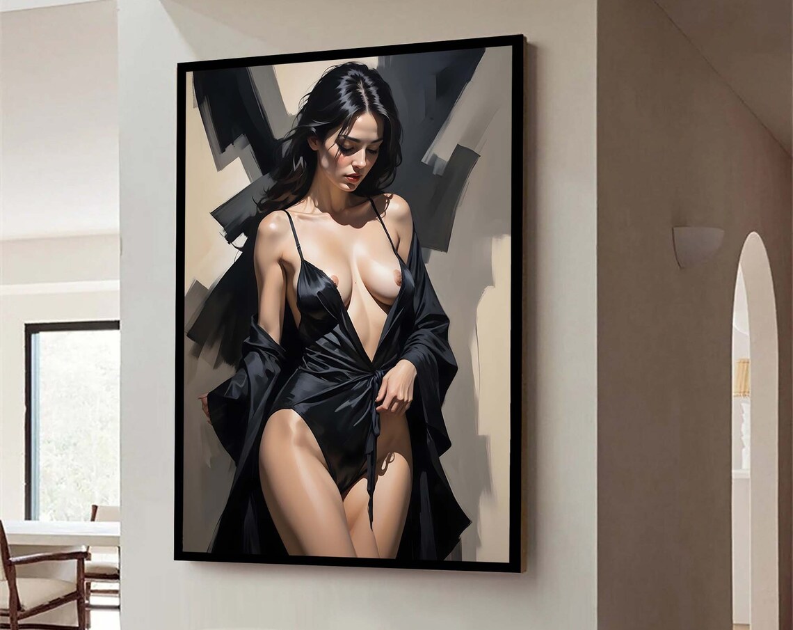 Elegant Woman in Black Satin Robe Modern Portrait Painting Poster