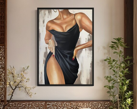 Elegant Lady In Black Satin Dress Sensual Glamorous Portrait Poster