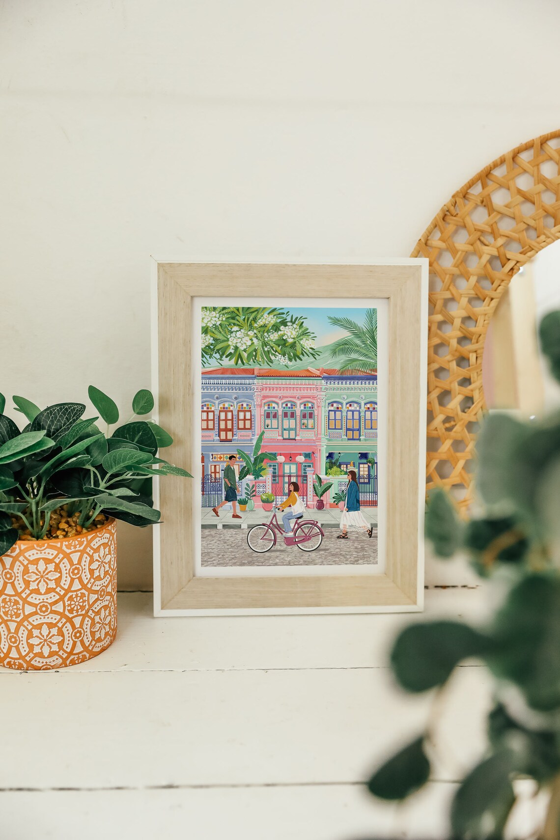 Singapore Peranakan Shophouses Street Cyclist Travel Art Poster