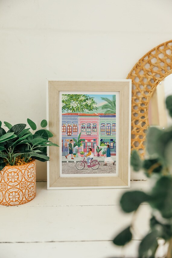 Singapore Peranakan Shophouses Street Cyclist Travel Art Poster