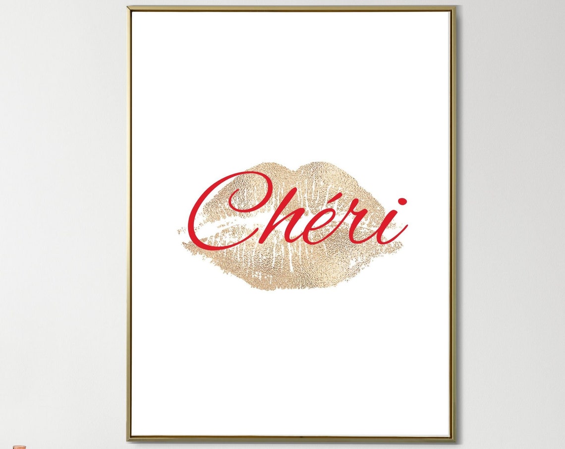Cheri French Kiss Script With Gold Lips Romantic Chic Decor Poster