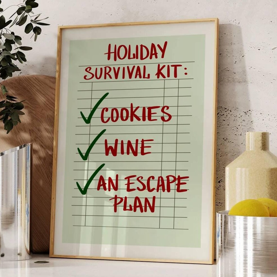 Holiday Survival Kit Cookies Wine Escape Plan Funny Christmas Poster