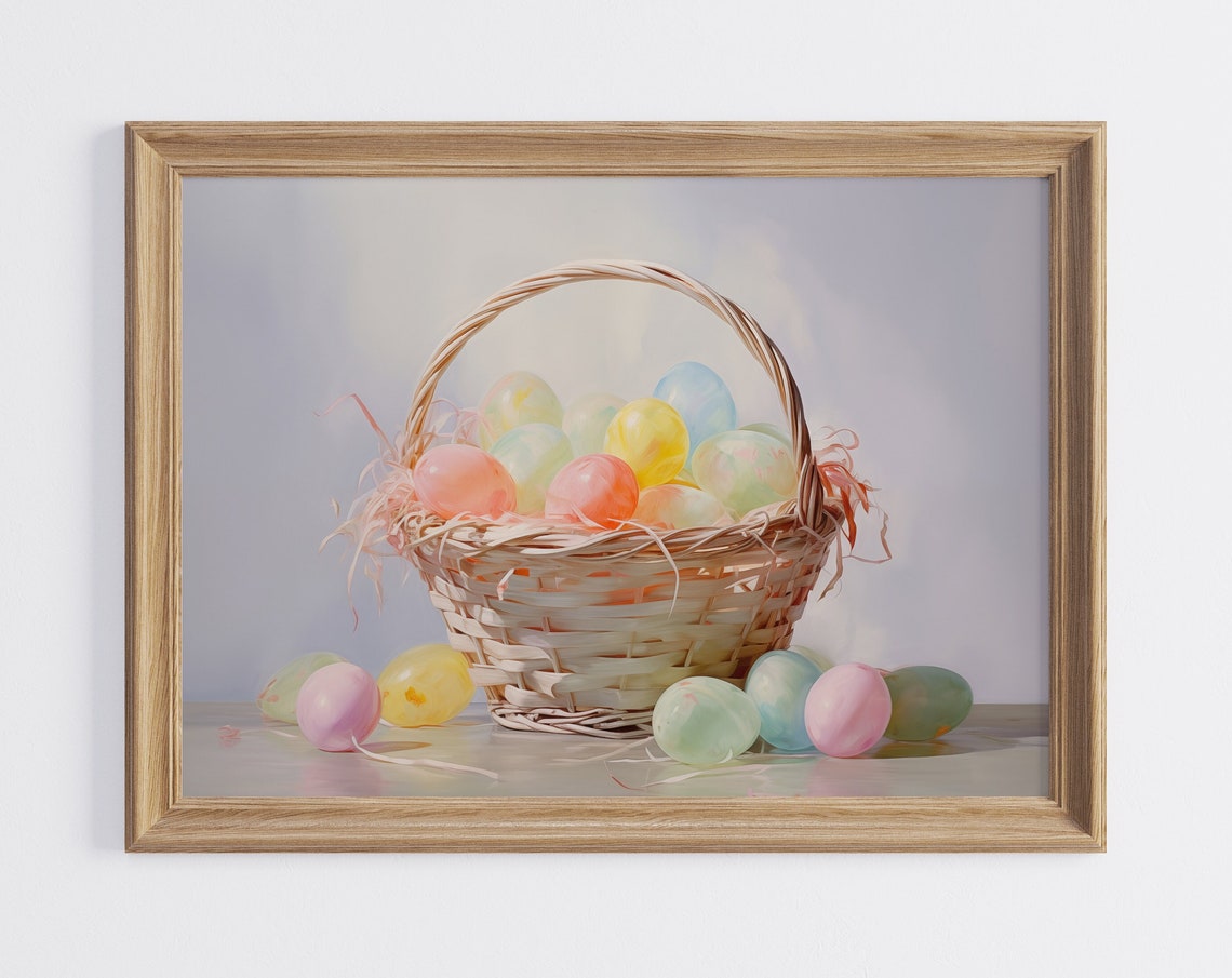 Pastel Easter Egg Basket Oil Painting Spring Holiday Wall Art