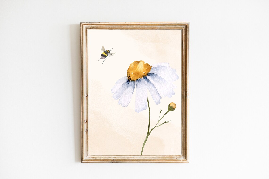 White Daisy Watercolor Flower Bee Botanical Minimalist Art Print