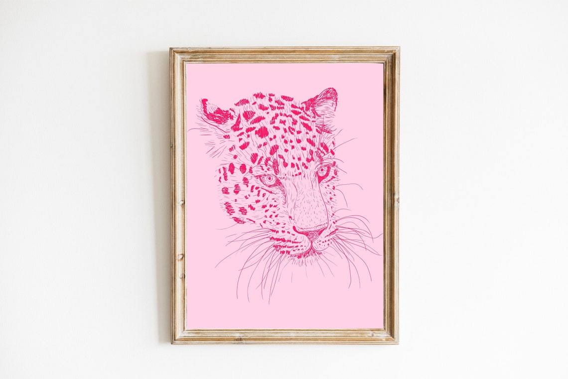 Pink Leopard Face Sketch Poster Preppy Jungle Cat Wall Decor Blush Art
