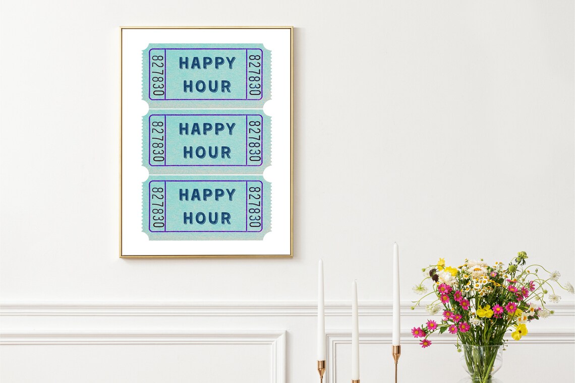 Happy Hour Mint Green Retro Ticket Stubs Bar Cart Wall Poster - Image 3