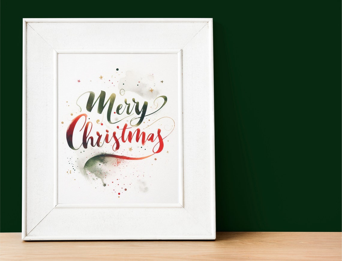 Merry Christmas Watercolor Calligraphy Red Green Holiday Poster - Image 2