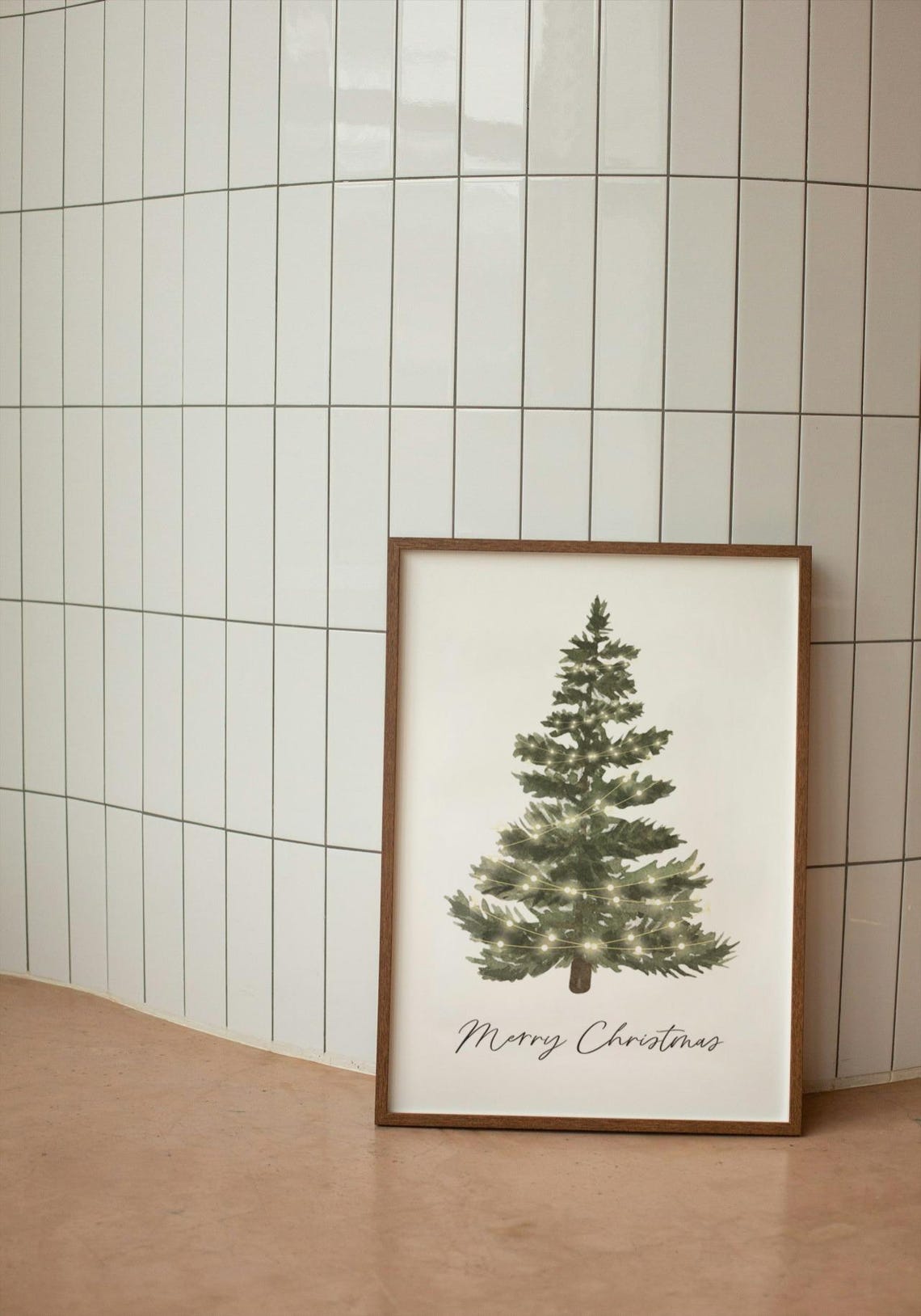 Merry Christmas Watercolor Tree String Lights Festive Holiday Print - Image 3