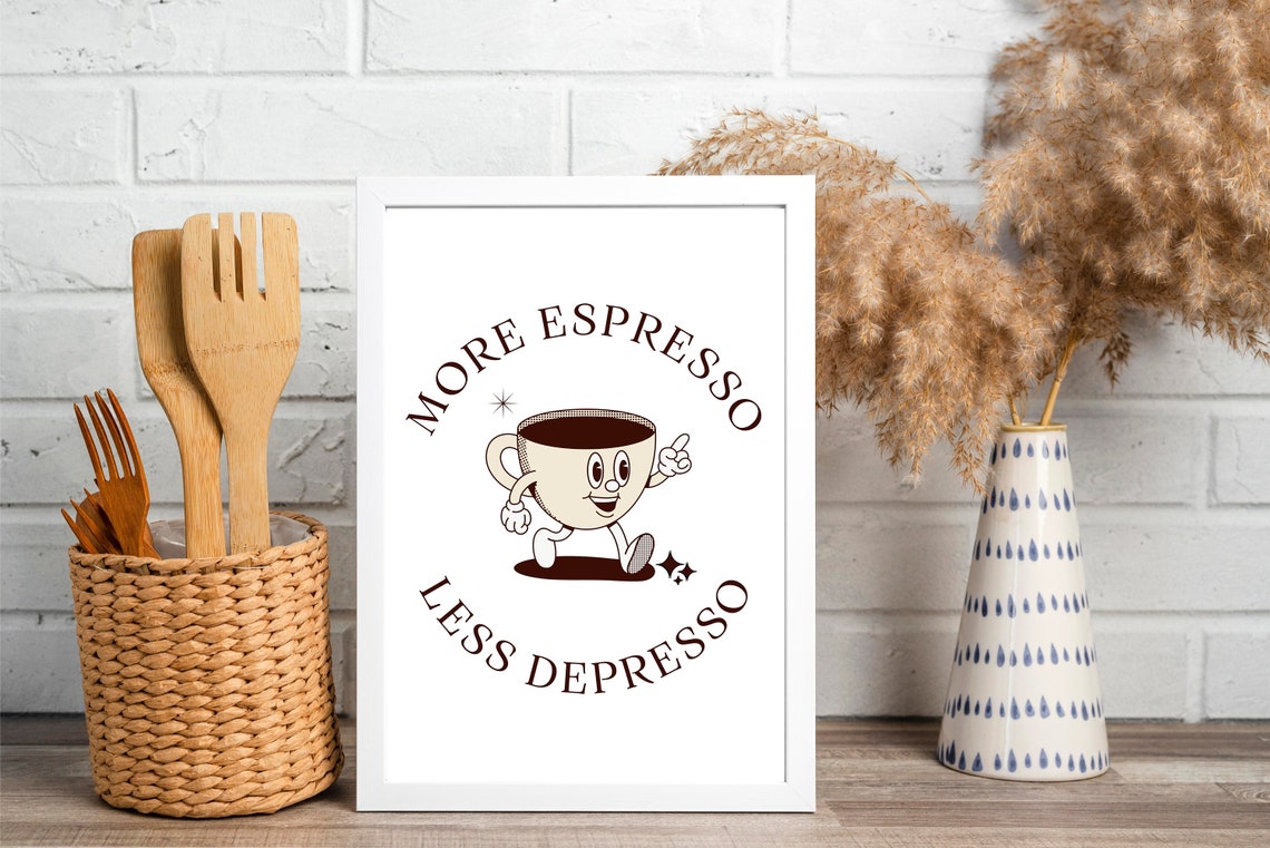 More Espresso Less Depresso Retro Coffee Cup Mascot Wall Poster - Image 2