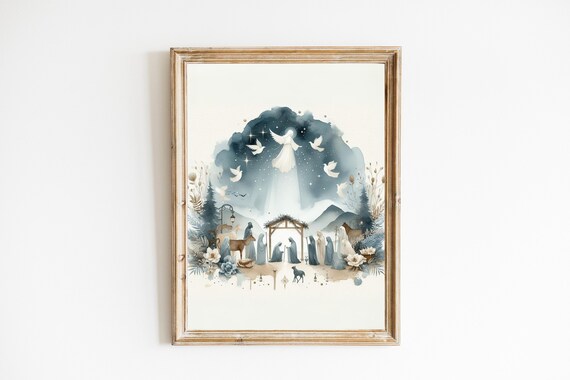Watercolor Christmas Nativity Scene Angel Birth of Jesus Poster