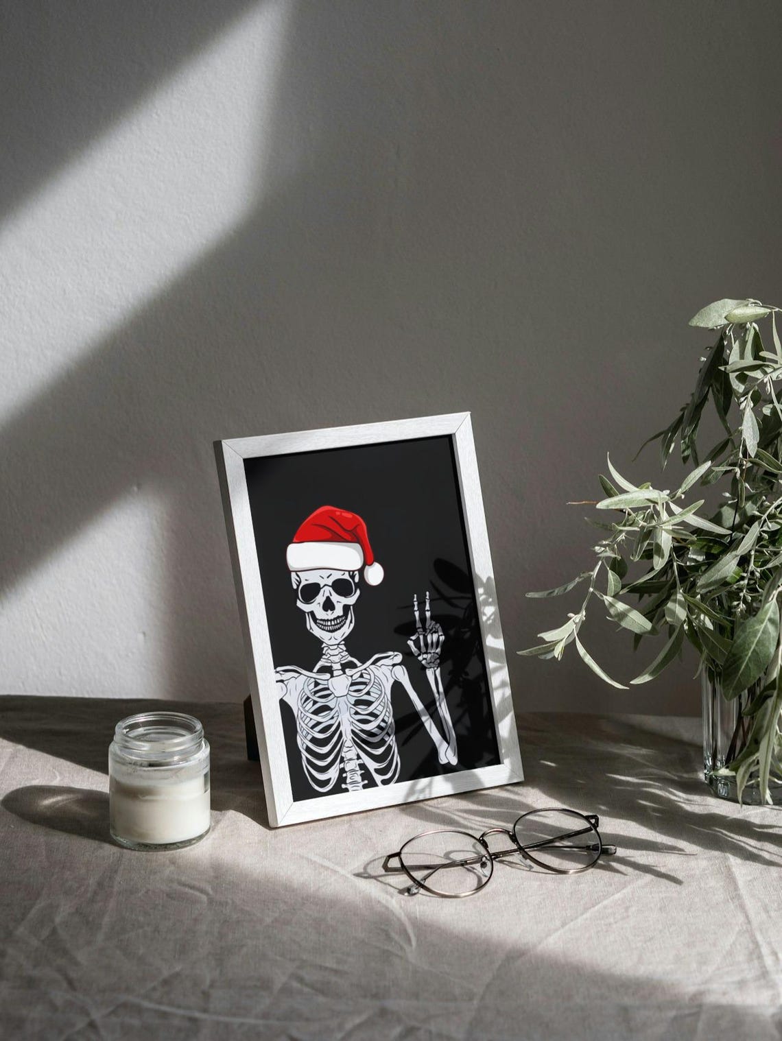 Funny Skeleton Santa Hat Peace Sign Black Humor Christmas Poster - Image 3