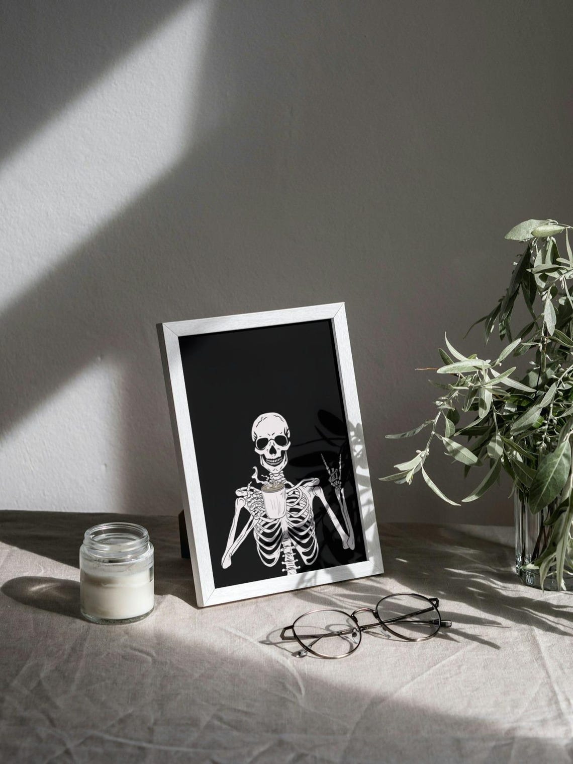 Skeleton Drinking Coffee Rock Hand Black Background Poster Art - Image 3