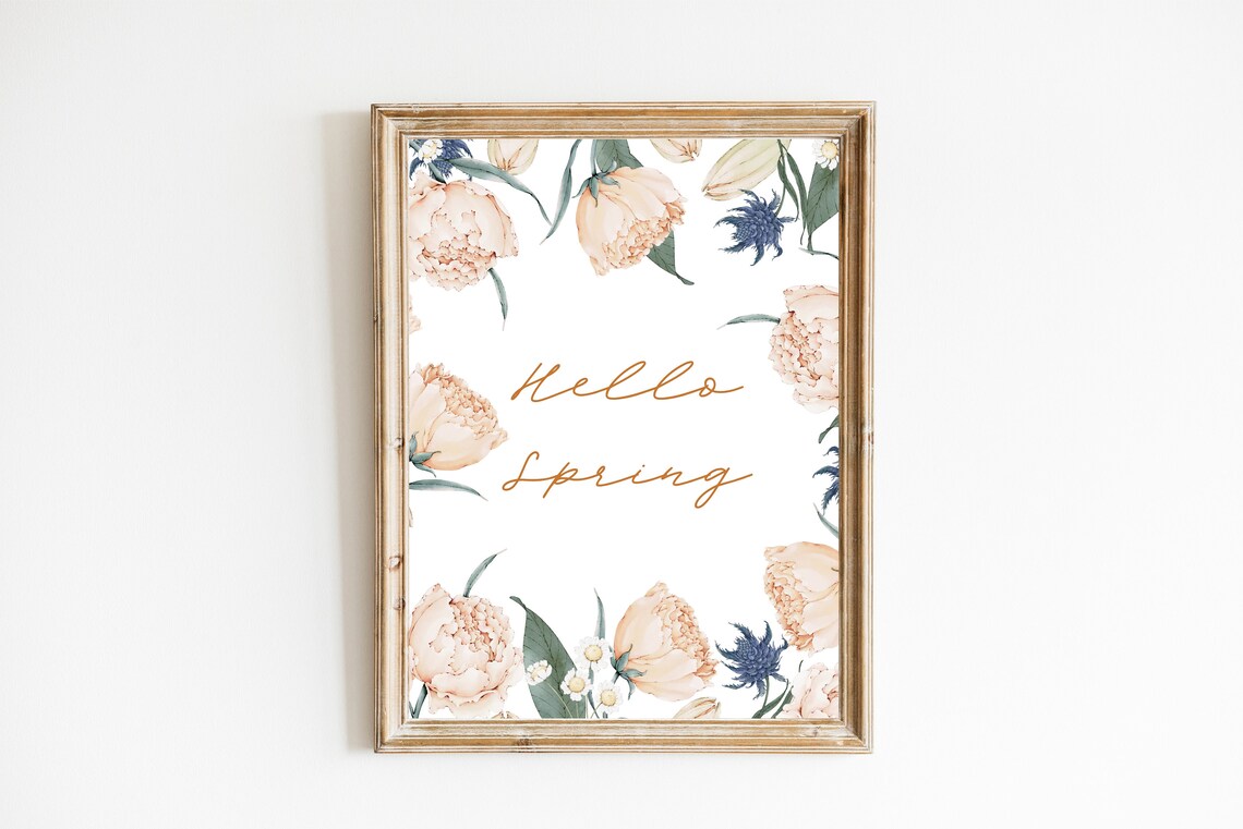 Hello Spring Watercolor Floral Border Peony Seasonal Art Print