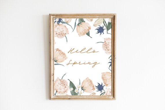 Hello Spring Watercolor Floral Border Peony Seasonal Art Print