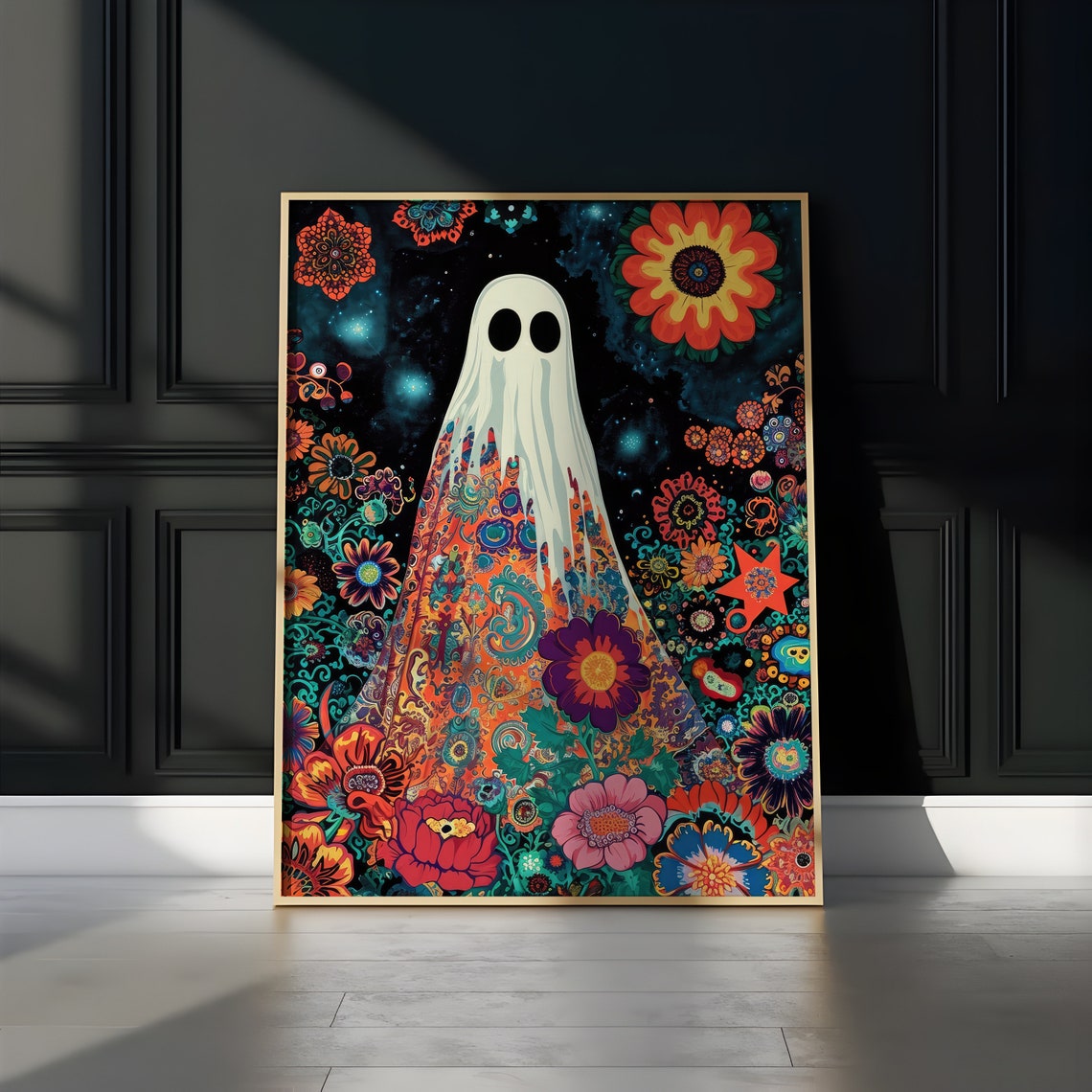 Floral Ghost Psychedelic Cosmic Night Sky Retro Halloween Print