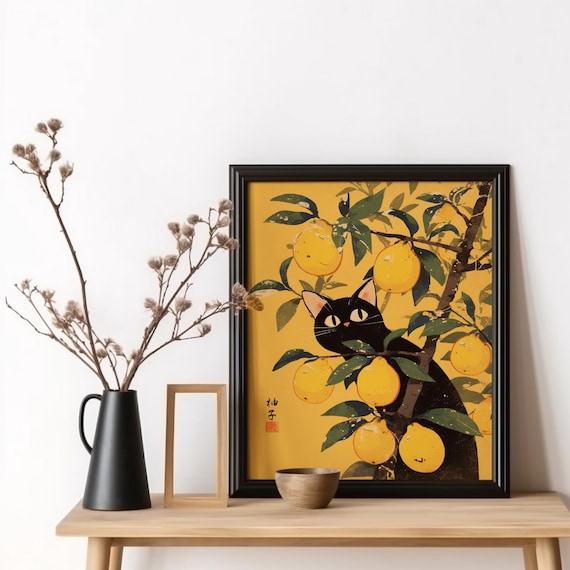 Japanese Yuzu Cat Wall Art Lemon Print Japan Funny Black Poster Anime Fruit Asian Kitchen Decor