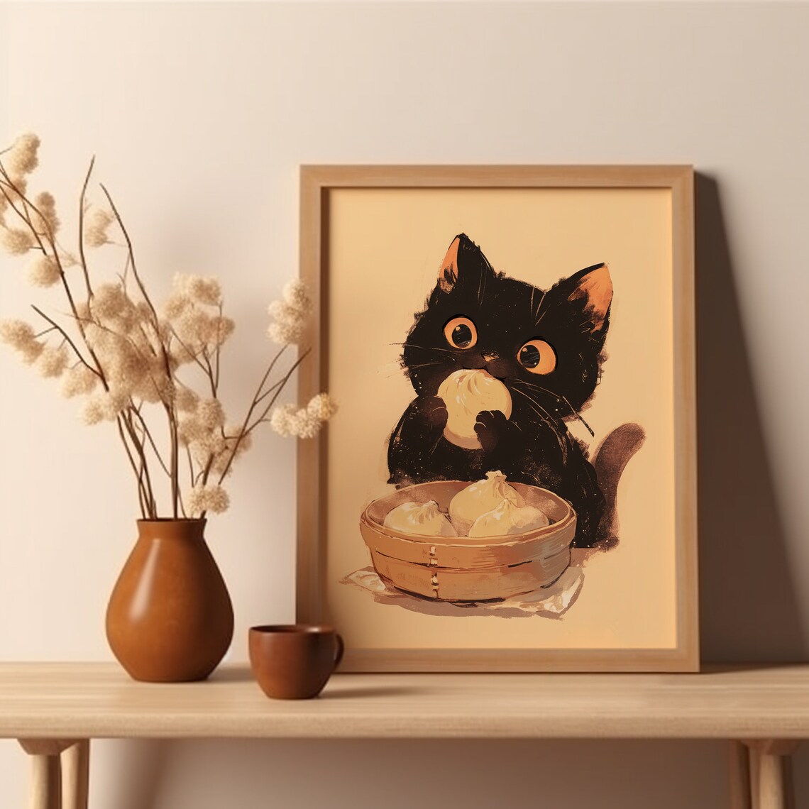 Asian Dumpling Black Cat Kawaii Food Art Print