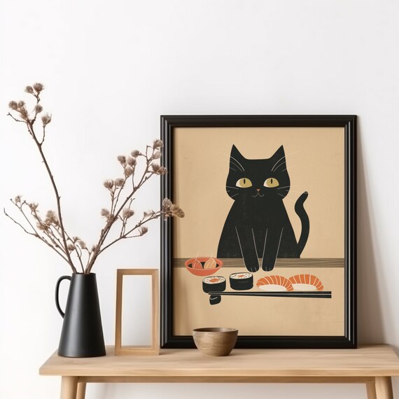 Black Cat Watching Sushi Cute Japanese Style Food Art Poster