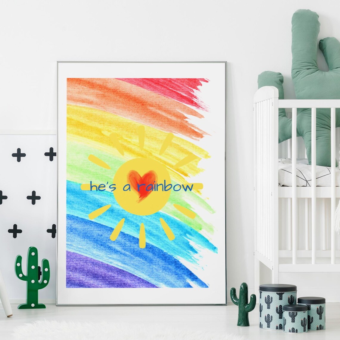 He's A Rainbow Baby Boy Nursery Print Watercolor Sunshine Decor